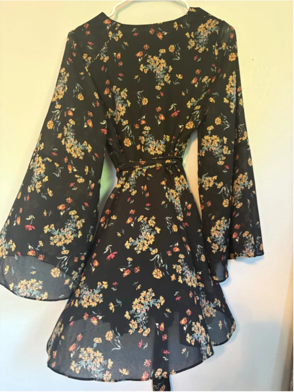 Free People Lilou Floral Mini Dress Boho Bell Sleeve Faux Wrap Size S
